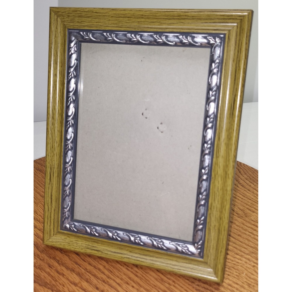 Picture Frame Wood Grain Olive Green Silver Scroll 5x7 Photo Opening